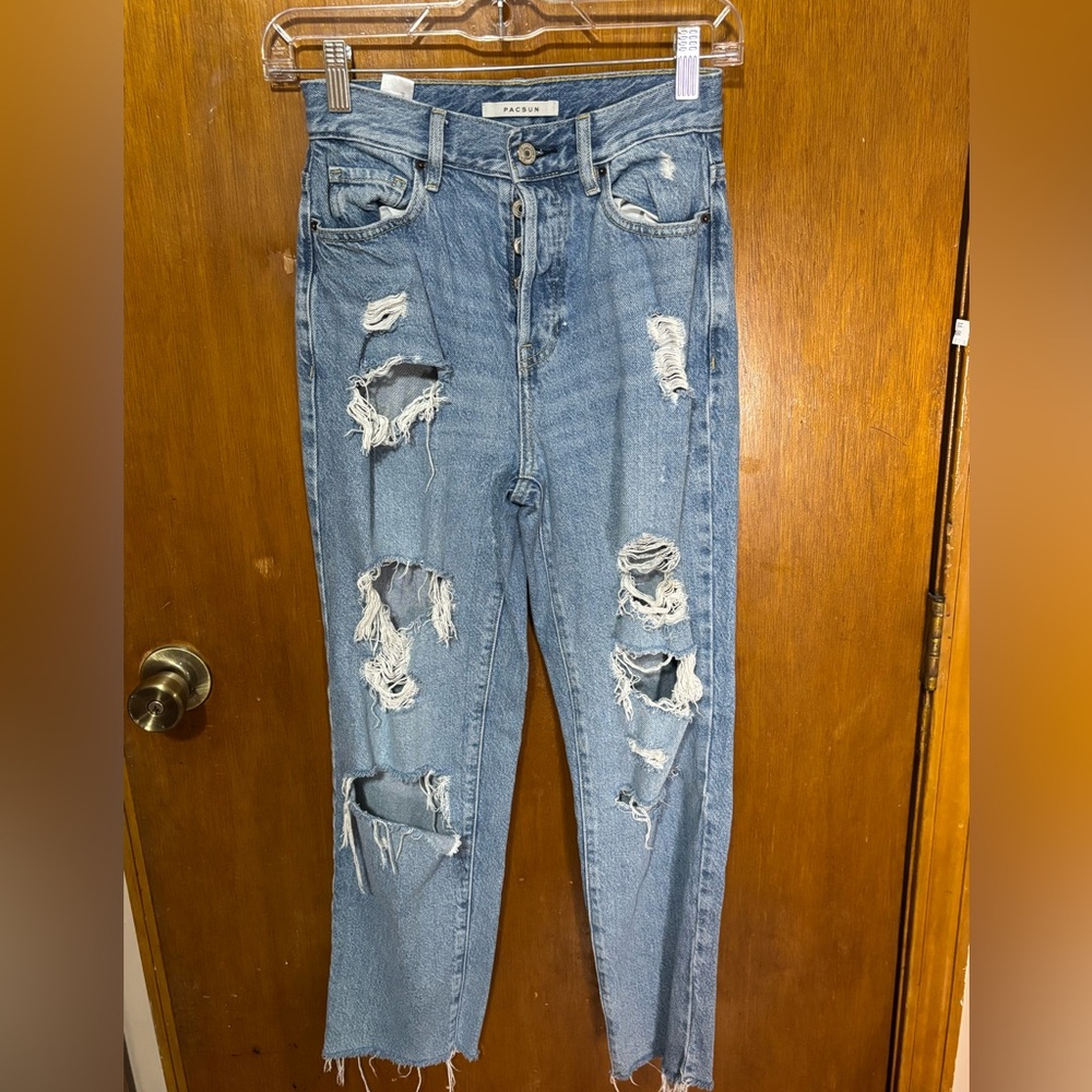 Pacsun high rise straight button fly raw hem 24 jeans distressing thrashed nice